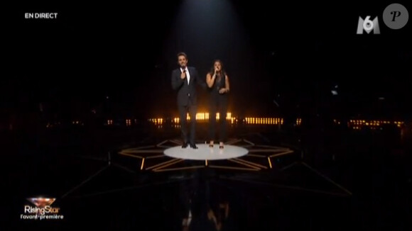 Guillaume Pley et Faustine Bollaert sur le plateau de Rising Star sur M6, le lundi 15 septembre 2014 pour l'avant-première en direct.