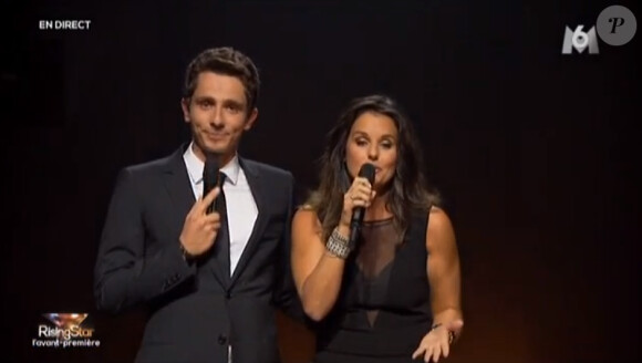 Guillaume Pley et Faustine Bollaert sur le plateau de Rising Star sur M6, le lundi 15 septembre 2014 pour l'avant-première en direct.