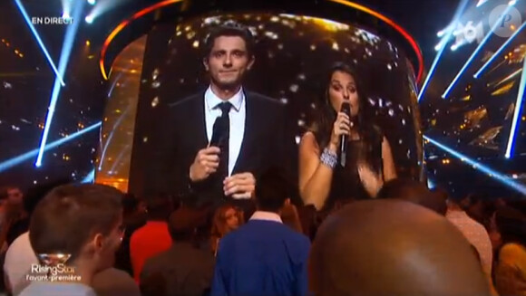 Guillaume Pley et Faustine Bollaert sur le plateau de Rising Star sur M6, le lundi 15 septembre 2014 pour l'avant-première en direct.