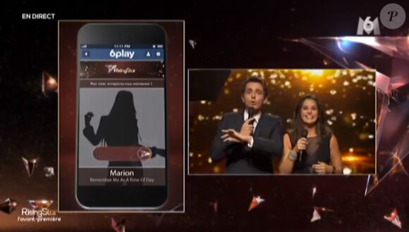 Guillaume Pley et Faustine Bollaert sur le plateau de Rising Star sur M6, le lundi 15 septembre 2014 pour l'avant-première en direct.