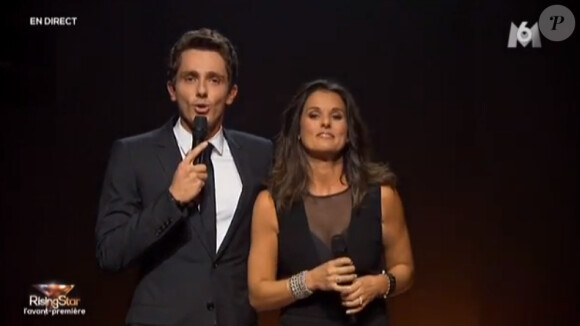 Guillaume Pley et Faustine Bollaert sur le plateau de Rising Star sur M6, le lundi 15 septembre 2014 pour l'avant-première en direct.