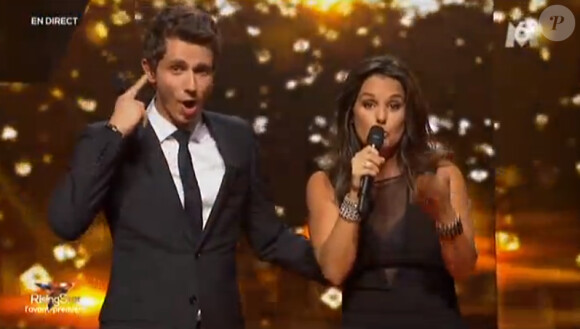 Guillaume Pley et Faustine Bollaert sur le plateau de Rising Star sur M6, le lundi 15 septembre 2014 pour l'avant-première en direct.