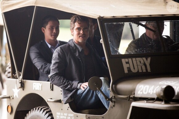 Brad Pitt pendant un photocall pour le film Fury au Tank Museum, Bovington, Dorset, le 28 août 2014.