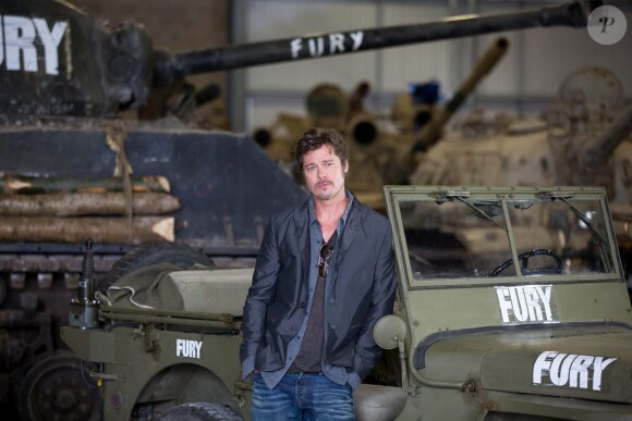 Brad Pitt pendant un photocall pour le film Fury au Tank Museum, Bovington, Dorset, le 28 août 2014.