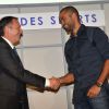 Thierry Braillard (Secrétaire d'Etat aux Sports) et Tony Parker lors de la cérémonie des trophées 2013 de l'Académie des sports à l'Hôtel des Italiens, le 18 septembre 2014