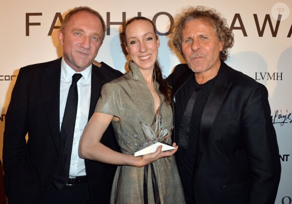 François-Henri Pinault, Iris van Herpen (Grand Prix de l'ANDAM 2014) et Renzo Rosso - 25e anniversaire et remise du prix de l'Andam 2014 à l'hôtel Potocki, au sein de la Chambre de Commerce et d'Industrie de Paris, le 26 septembre 2014.