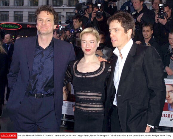 Hugh Grant, Renée Zellweger et Colin Firth lors de l'avant-première du Journal de Bridget Jones le 5 avril 2001