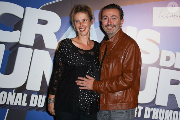Exclusif - L'humoriste Gérald Dahan et sa compagne Claire enceinte lors de la 4ème édition du Festival de l'humour court à La Ciotat, le 11 octobre 2014.