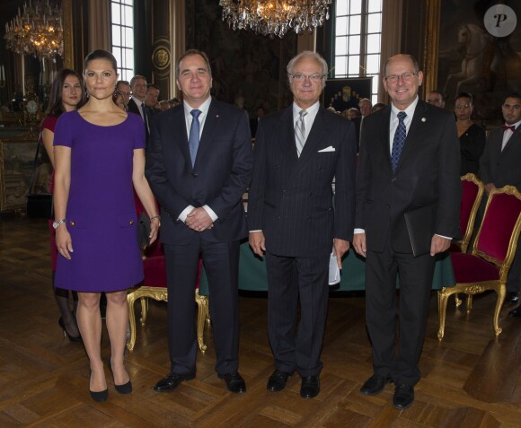 La princesse Victoria de Suède prenait part le 3 octobre 2014 à la réunion de présentation du gouvernement du nouveau Premier ministre Stefan Lövnen, au palais royal, à Stockholm.