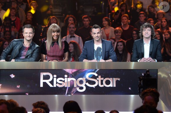 EXCLUSIF - Rising Star 2014. David Hallyday, Cathy Guetta, Morgan Serrano, Cali lors du Prime 5 de Rising Star diffusé sur M6, a la cité du Cinéma a Saint-Denis, France le 23 octobre  2014.