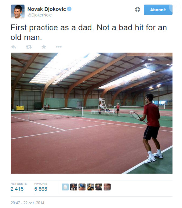 Novak Djokovic a déjà repris l'entraînement, le jour de l'annonce de la naissance de son fils Stefan sur les réseaux sociaux, le 22 octobre 2014