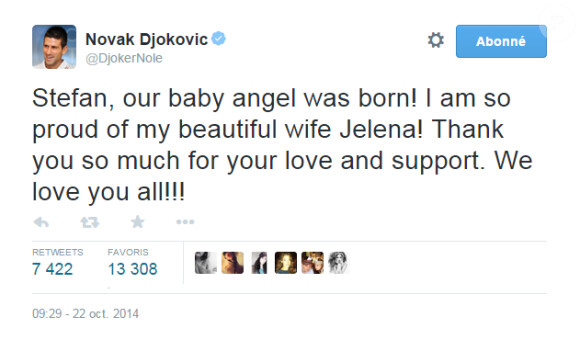 Novak Djokovic annonce la naissance de son fils Stefan sur les réseaux sociaux, le 22 octobre 2014