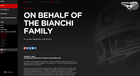 La famille de Jules Bianchi a donné des nouvelles du pilote sur le site officiel de l'écurie Marussia, le 30 octobre 2014