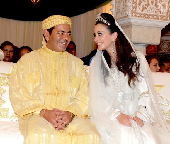 Mariage du prince Moulay Rachid du Maroc et de Lalla Oum Keltoum, le 14 novembre 2014 au palais royal du Maroc. Les mariés lors de la cérémonie de La Berza (présentation des mariés).