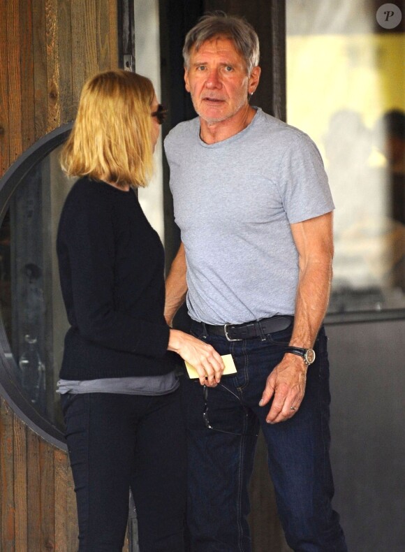 Harrison Ford et sa femme Calista Flockhart fêtent le 50e anniversaire de l'actrice à Brentwood, le 11 novembre 2014.
