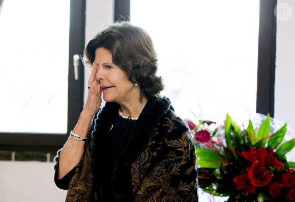 La reine Silvia de Suède en visite au château Burg Rode à Herzogenrath, en Allemagne, le 25 novembre 2014. La reine a notamment posé à côté d'un tableau représentant sa fille la princesse Victoria et sa petite-fille la princesse Estelle de Suède.