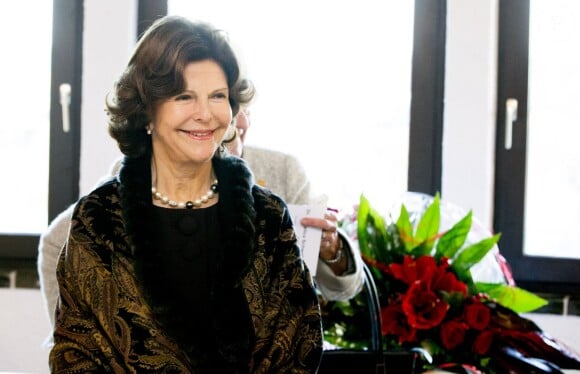La reine Silvia de Suède en visite au château Burg Rode à Herzogenrath, en Allemagne, le 25 novembre 2014. La reine a notamment posé à côté d'un tableau représentant sa fille la princesse Victoria et sa petite-fille la princesse Estelle de Suède.