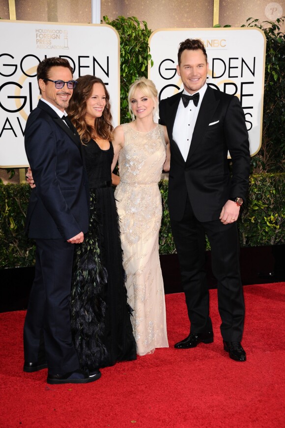 Chris Pratt et sa femme Anna Faris, Robert Downey Jr et sa femme Susan Downey - La 72e cérémonie annuelle des Golden Globe Awards à Beverly Hills, le 11 janvier 2015