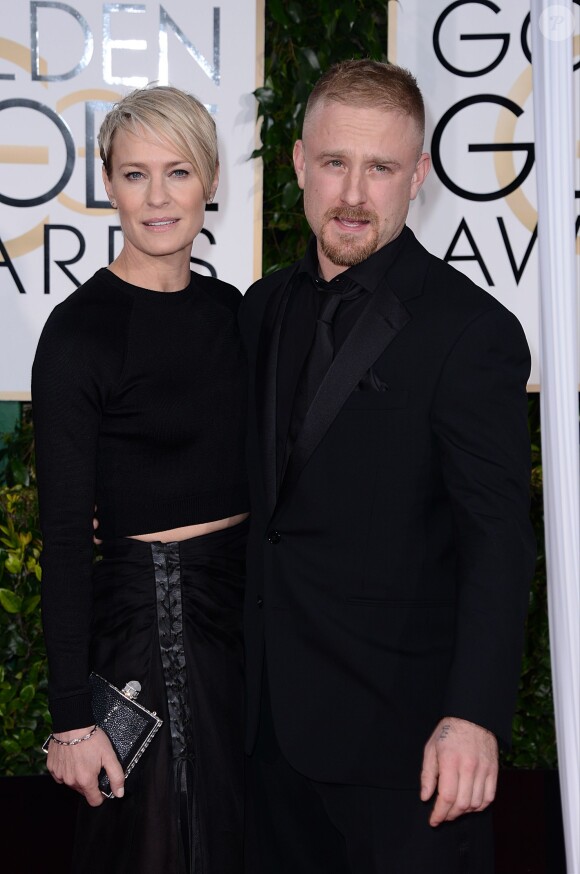 Robin Wright et Ben Foster sur le tapis rouge des Golden Globe Awards au Bervely Hilton à Los Angeles, le 11 janvier 2015.