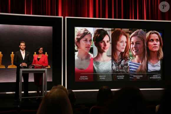 Cheryl Boone Isaacs, Chris Pine - Annonce des nominés à la 87e cérémonie des Oscars à Beverly Hills, le 15 janvier 2015.
