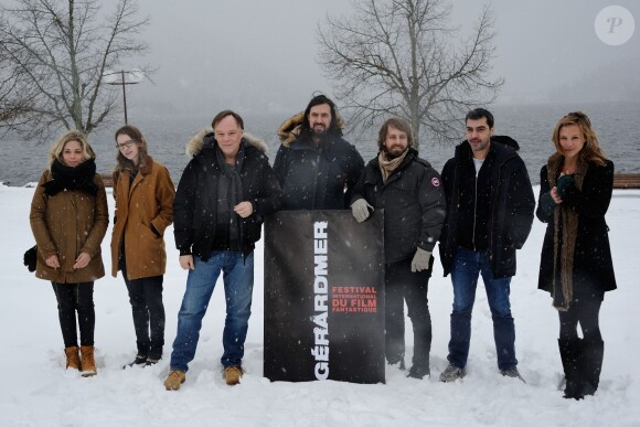 Alysson Paradis, Christa Théret, Christophe Gans, Rob, Alexandre Aja, Grégory Levasseur et Marie Kremer au photocall du jury pour le 22e Festival International du Film Fantastique de Gérardmer, le 29 janvier 2015.