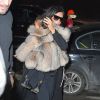 Kim Kardashian et sa fille North West rentrent à leur appartement à New York, le 11 février 2015. North West porte un petit manteau de fourrure et des petites bottes de la marque Doc Martens.  