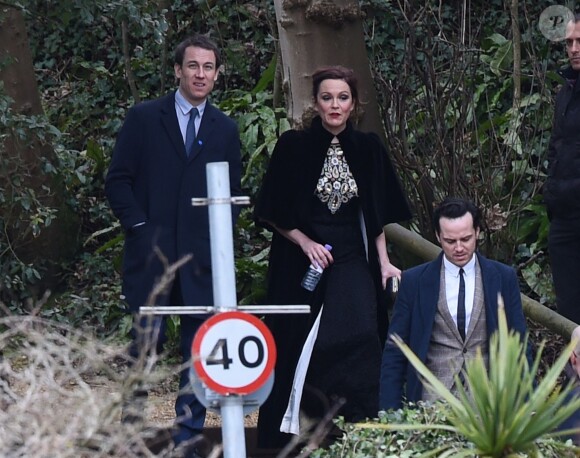 Tobias Menzies et Andrew Scott - Arrivée des invités au mariage de Benedict Cumberbatch et Sophie Hunter en l'église St. Peter and St. Paul à Mottistone sur l'île de Wight, le 14 février 2015.