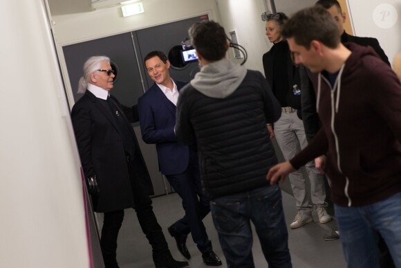 Exclusif - Enregistrement de l'émission "Le Divan" présentée par Marc-Olivier Fogiel avec Karl Lagarfeld en invité à Paris le 20 février 2015. L'émission sera diffusée le mardi 24 février sur France 3.  Exclusive - For Germany call for price - Karl Lagerfeld on the taping of the TV show "Le Divan" with Marc-Olivier Fogiel in Paris, France on february 20, 2015.20/02/2015 - Paris