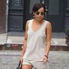 Zoe Kravitz shows off her cool summer fashion in New York City, NY, USA on August 19, 2014. The actress, singer and model wore a beige tank top with matching shorts and black leather heeled booties with a nose ring, just like her mother Lisa Bonet, as she steps out with a girlfriend in the Big Apple. Zoe is the only child of musician Lenny Kravitz and actress Lisa Bonet. Photo by Morgan Dessalles/ABACAPRESS.COM20/08/2014 - New York City