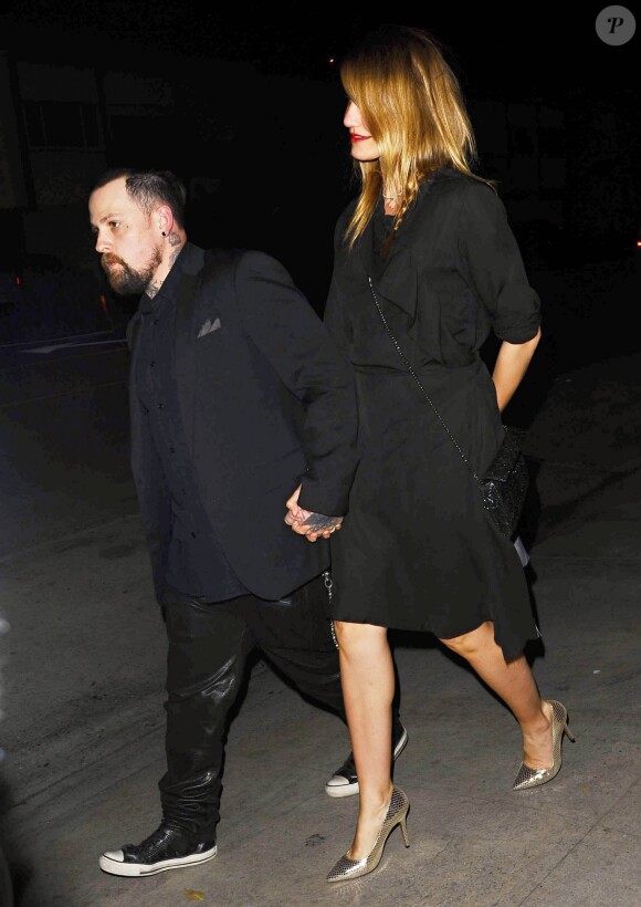 Les frères jumeaux Joel et Benji (Benjamin) Madden arrivent au restaurant Giorgio Baldi pour fêter la Saint-Valentin avec leurs femmes respectives, Nicole Richie et Cameron Diaz, à Santa Monica, le 14 février 2015.  
