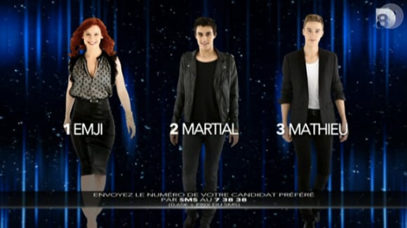 Emji, Martial et Mathieu, demi-finalistes de Nouvelle Star sur D8, le jeudi 5 mars 2015.