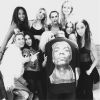 Kelly Rowland, Lily Donaldson, Cara Delevingne, Gigi Hadid, Kim Kardashian, Kanye West, Kendall Jenner et Joan Smalls dans les coulisses du concert de Kanye West à la Fondation Louis Vuitton. Paris, le 10 mars 2015.