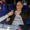 Exclusif - Brigitte Lantz (secrétaire générale de la fondation du rein), Fabrice Luchini - Opération T'rein dans le cadre de la journée mondiale du rein à bord du TGV Paris-Marseille le 12 mars 2015. 