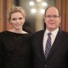 Exclusif - Le prince Albert II et la princesse Charlene de Monaco lors de l'annonce du South Africa - Monaco Rugby Exchange, le 19 février 2015, au Casino de Monte-Carlo. Le couple princier a dû quitter provisoirement le Rocher avec ses jumeaux Jacques et Gabriella, le temps d'importants travaux de rénovation.