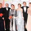 La princesse Charlene de Monaco, le prince Albert II de Monaco, la princesse Caroline de Hanovre, Charlotte Casiraghi, Beatrice Borromeo et Pierre Casiraghi, Karl Lagerfeld arrivant au Bal de la Rose 2014, sur le thème du constructivisme russe, au Sporting de Monte-Carlo le 29 mars 2014.