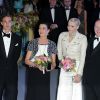 La princesse Caroline de Hanovre, la princesse Charlene et le prince Albert II de Monaco au Bal de la Rose 2013, sur le thème de la Belle Epoque.