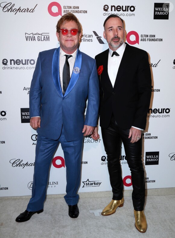 Elton John et son mari David Furnish lors de la soirée "Elton John AIDS Foundation Oscar Party" à West Hollywood, le 22 février 2015