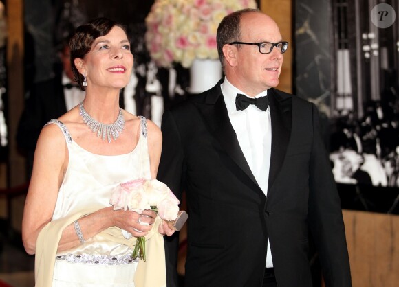 Caroline de Hanovre et le prince Albert II lors du Bal de la Rose, dans la Salle des Etoiles du Sporting Monte-Carlo, le 28 mars 2015 à Monaco