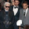 Karl Lagerfeld, Baptiste Giabiconi, Sébastien Jondeau lors de la soirée "Karl Lagerfeld's boat" à New York, le 30 mars 2015.
