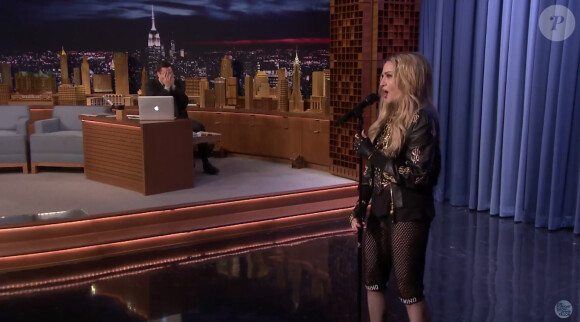 Madonna dans "The Tonight Show", l'émission de Jimmy Fallon sur NBC, le 9 avril 2015.