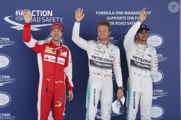 Nico Rosberg, Lewis Hamilton et Sebastian Vettel à l'issue des essais du Grand Prix d'Espagne le 9 mai 2015 à Barcelone