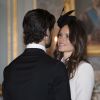 Sofia Hellqvist et le prince Carl Philip de Suède lors de la réception après la publication des bans de leur mariage le 17 mai 2015 en la chapelle royale, au palais Drottningholm, à Stockholm, où leurs noces seront célébrées le 13 juin 2015