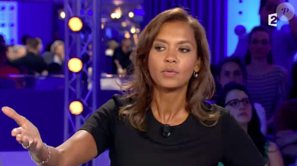 Karine Le Marchand agacée contre l'article de VSD qui déclarait que Guillaume, candidat de L'amour est dans le pré (M6) était porté disparu. Emission On n'est pas couché sur France 2, diffusée le 6 juin 2015.
