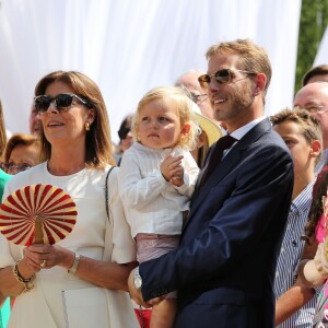 La princesse Caroline de Hanovre, Andrea Casiraghi et Tatiana Santo Domingo avec leur fils Sacha lors des célébrations des 10 ans de règne du prince Albert II à Monaco, le 11 juillet 2015.
