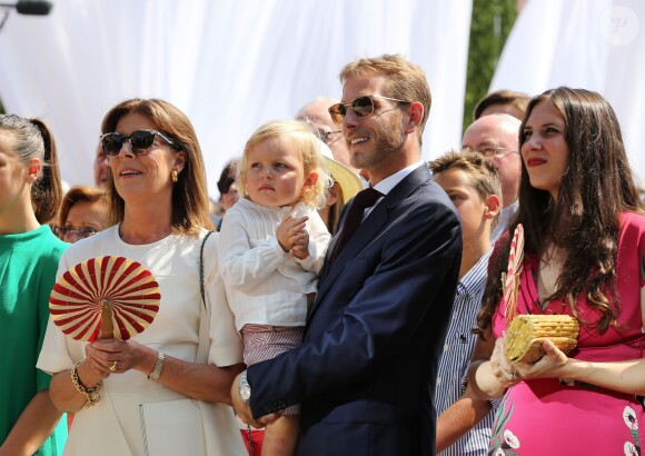 La princesse Caroline de Hanovre, Andrea Casiraghi et Tatiana Santo Domingo avec leur fils Sacha lors des célébrations des 10 ans de règne du prince Albert II à Monaco, le 11 juillet 2015.