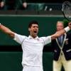 Novak Djokovic celebrates beating Roger Federer in the Mens Singles Final on day Thirteen of the Wimbledon Championships at the All England Lawn Tennis and Croquet Club in Wimbledon, UK on July 12, 2015. Photo by Dominic Lipinski/PA Wire/ABACAPRESS.COM12/07/2015 - London