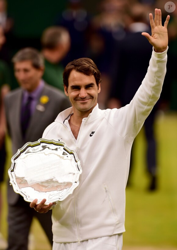 Roger Federer with his trophy after losing to Novak Djokovic in the Mens Singles Final on day Thirteen of the Wimbledon Championships at the All England Lawn Tennis and Croquet Club in Wimbledon, UK on July 12, 2015. Photo by Dominic Lipinski/PA Wire/ABACAPRESS.COM12/07/2015 - London