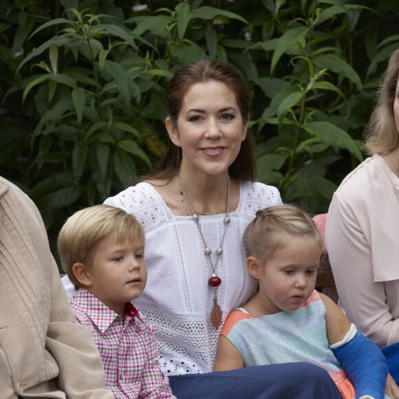 La princesse Mary avec ses jumeaux. La famille royale de Danemark posait le 25 juillet 2015 dans le parc du château de Grastenpour la traditionnelle séance photo des vacances d'été.