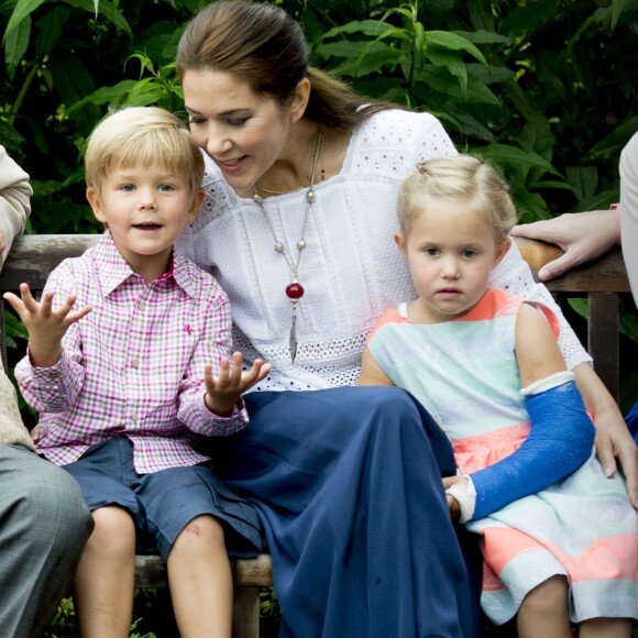 La princesse Mary avec les jumeaux Vincent et Josephine. La famille royale de Danemark a pris la pose le 25 juillet 2015 dans le parc du château de Grastenpour la traditionnelle séance photo des vacances d'été.