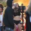 Gigi Hadid films a music video on the beach in Malibu for one of Calvin Harris's new songs. The lovely young fashion model wore a black two piece bathing suit as she danced about and posed for the cameras during the shoot with dozens of extras surrounding her. Los Angeles, CA, USA, June 25, 2015. Photo by GSI/ABACAPRESS.COM26/06/2015 - Los Angeles